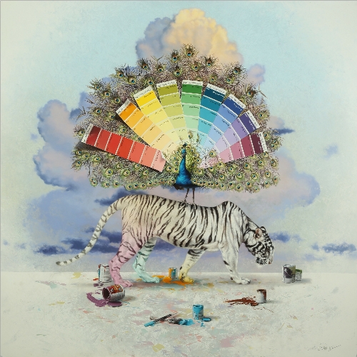 White Tiger with Peacock by Andrew Denman